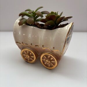 Vintage MCM New Mexico Souvenir Western Ceramic Wagon Faux Succulent Planter